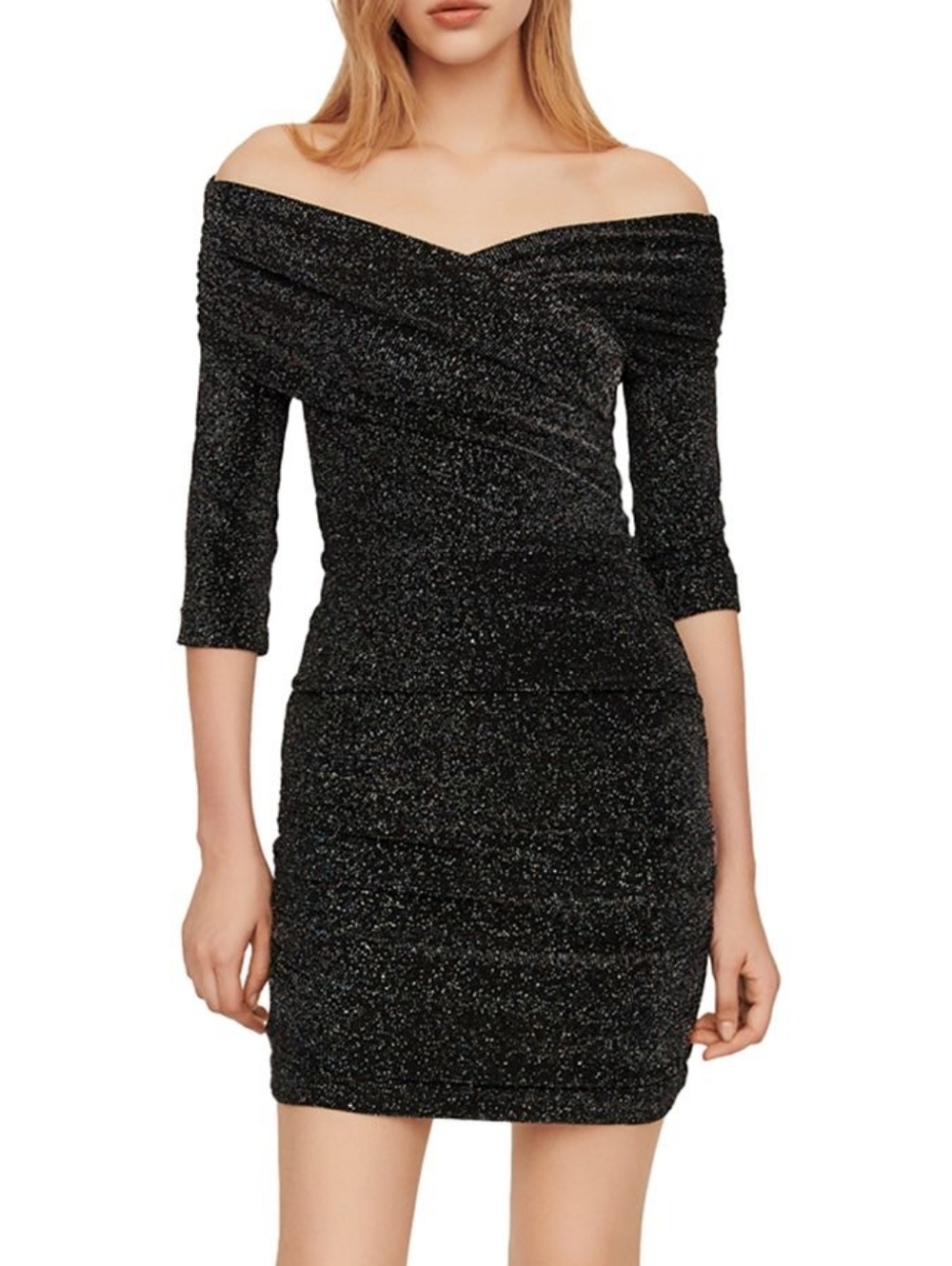 Maje Riola Off the Shoulder Metallic Sheath Dress Draped Medium Size 2 Sparkle